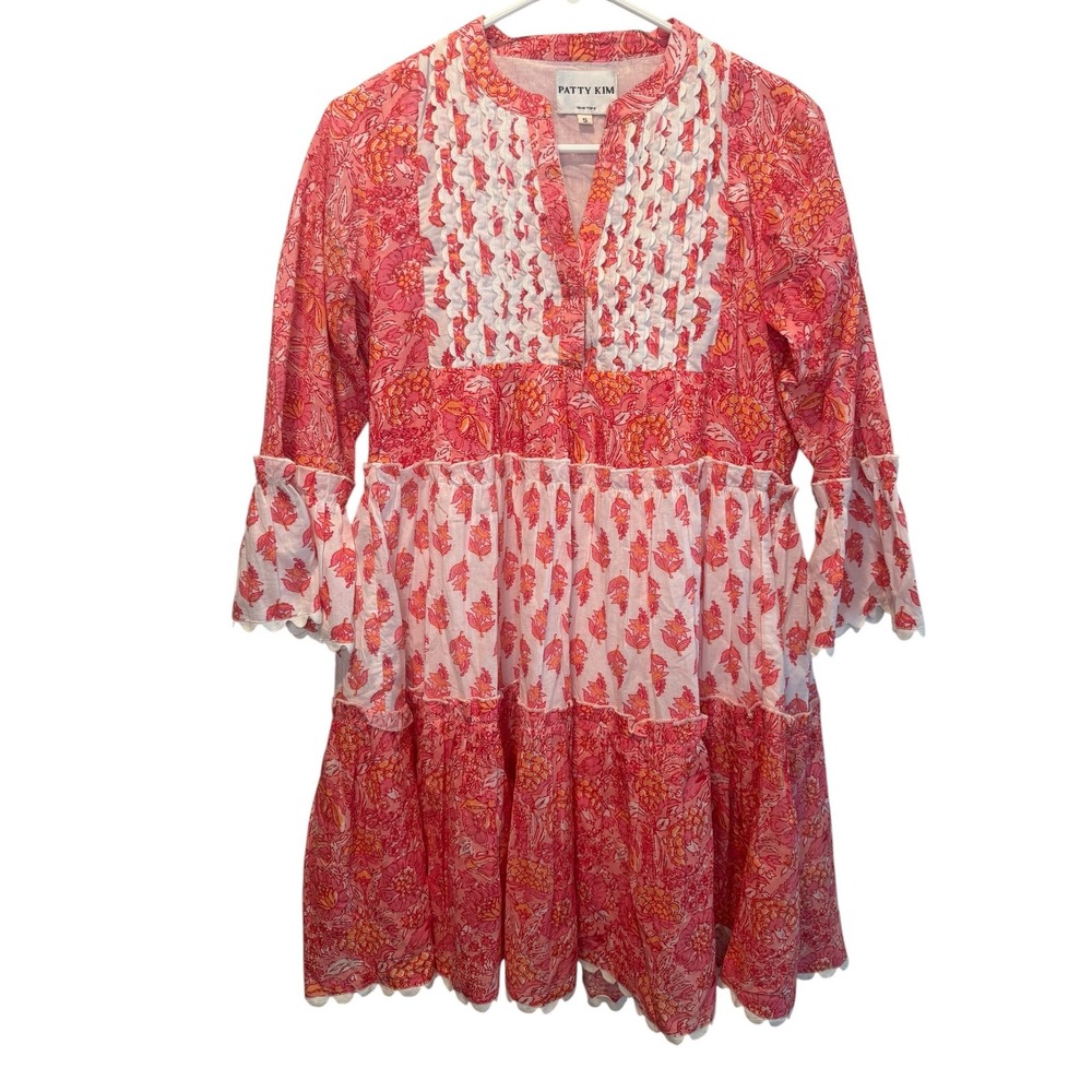 Patty Kim New York Colette Colorful Floral Block Print Tiered Mini‎ Dress S